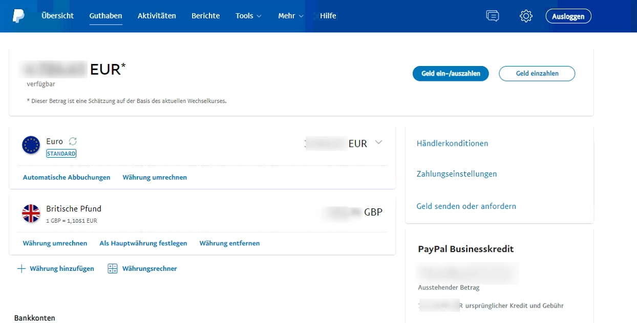 Einstellungsoptionen in PayPal zu Fremdwährungen