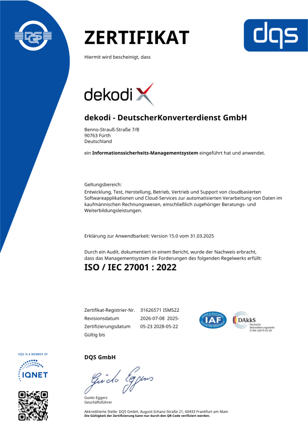 DQS Zertifikat ISO 27001 - deutsch